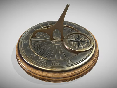 Brass Sundial With Roman Numeral Markings And Small Compass On Wooden Base 3d model