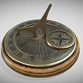 Brass Sundial With Roman Numeral Markings And Small Compass On Wooden Base
