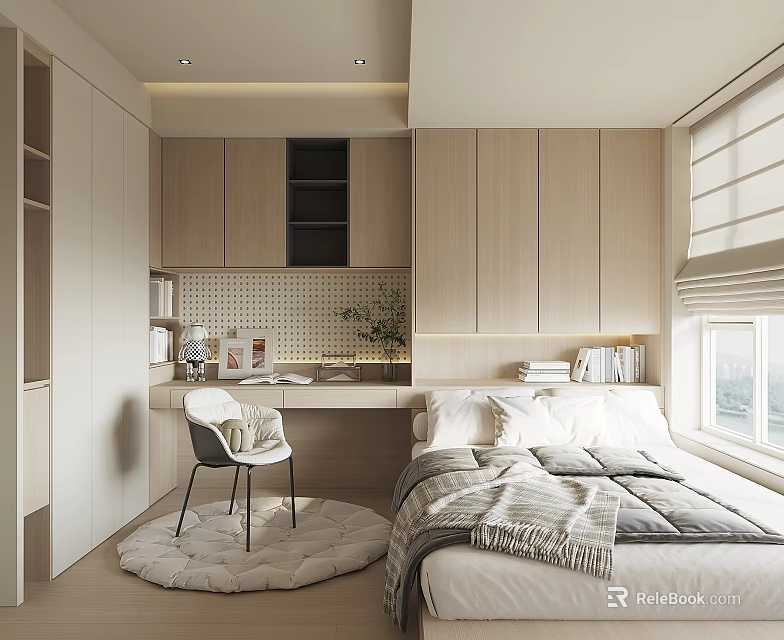 Modern Tatami Bedroom Interior Design With Tatami Bed Desk Chair And Storage Cabinets 3d model 