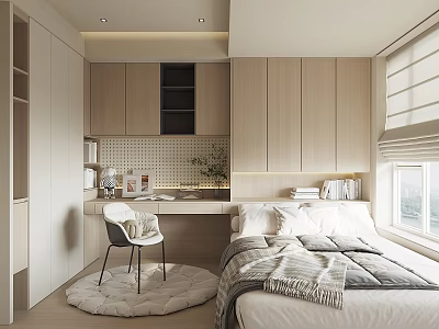 Modern Tatami Bedroom Interior Design With Tatami Bed Desk Chair And Storage Cabinets 3d model