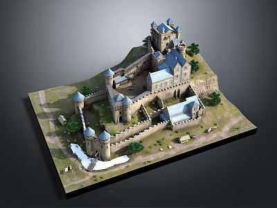 Detailed Ancient Castle Model with Medieval Towers Fortified Walls and Green Landscape 3d model