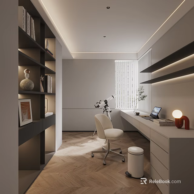 Modern Study Room Interior With Bookshelf Desk Computer White Chair Plants And Lighting 3d model 