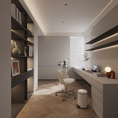 Modern Study Room Interior With Bookshelf Desk Computer White Chair Plants And Lighting 3d model