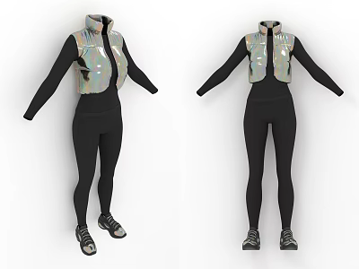 Stylish Black Tight Fitting Outfit With Reflective Sequined Vest And Sneakers 3d model
