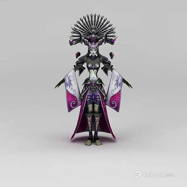 Woman In Ornate Headdress With Purple And White Decorative Cloak And Intricate Patterns 3d model 