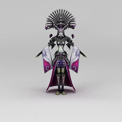 Woman In Ornate Headdress With Purple And White Decorative Cloak And Intricate Patterns 3d model