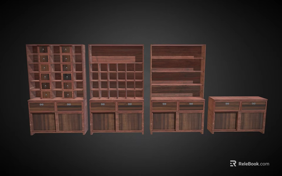 Wooden Display Cabinets and Shelves with Various Shelf and Drawer Configurations 3d model 