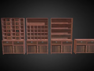 Wooden Display Cabinets and Shelves with Various Shelf and Drawer Configurations 3d model
