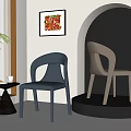 Modern Minimalist Dining Chairs In Blue And Beige With Arched Display Stand And Colorful Painting