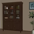 Dark Brown Wooden Shoe Cabinet With Glass Doors Drawers Indoor Plant And Decorative Painting