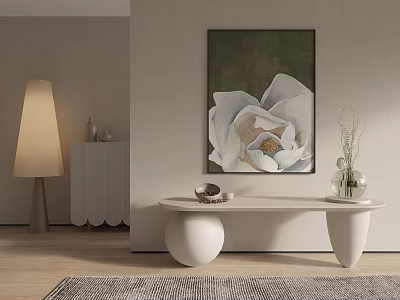 Modern Interior Design With White Flower Painting Oval Table Floor Lamp And Decorative Items 3d model