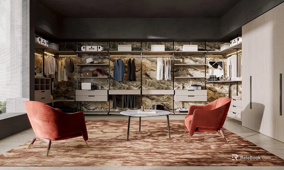 Modern Walk In Closet Interior With Storage Shelves Clothes And Chairs 3d model 