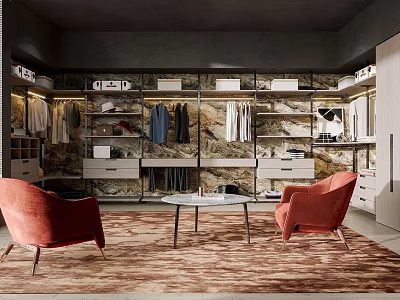 Modern Walk In Closet Interior With Storage Shelves Clothes And Chairs 3d model