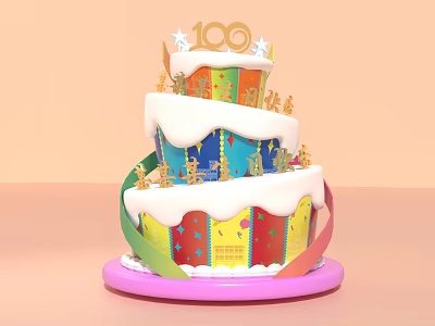 Colorful Two Tiered Cake Photo Spot With 100 Number Stars And White Frosting 3d model