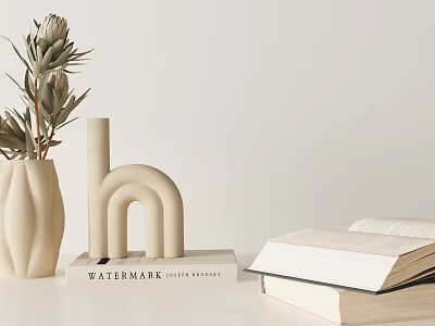 Minimalist Modern Decorative Ornament Set With Vase Dried Protea Letter Sculpture And Stacked Books 3d model