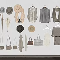 Fashionable Clothes Hanging On Wall With Various Hats Bags And Umbrellas
