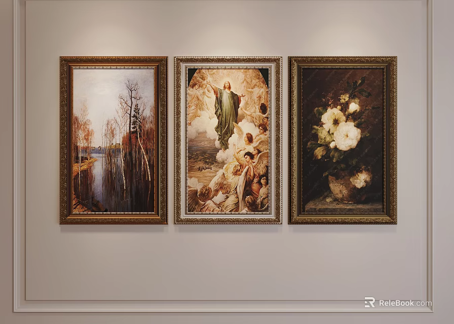 Three Framed Paintings on White Wall Including Landscape Central Figure and Floral Art 3d model 