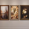 Three Framed Paintings on White Wall Including Landscape Central Figure and Floral Art