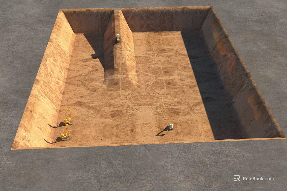 Square Excavation Pit With Multiple Yellow Excavators On Construction Ground 3d model 