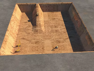 Square Excavation Pit With Multiple Yellow Excavators On Construction Ground 3d model
