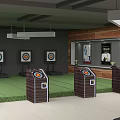 Indoor Shooting Range For Fitness Training With Targets Stands Geometric Wall Design And Hanging Lights