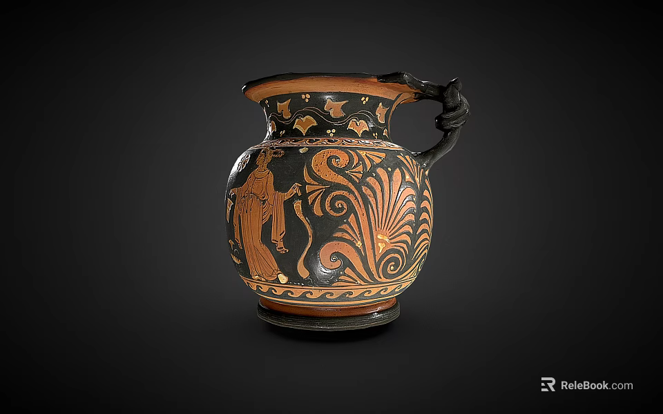 Ancient Greek Ceramic Vessel with Black Orange Patterns Female Figure Scroll Motifs and Decorative Handle 3d model 