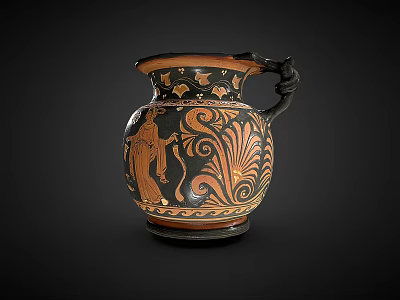 Ancient Greek Ceramic Vessel with Black Orange Patterns Female Figure Scroll Motifs and Decorative Handle 3d model
