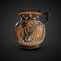 Ancient Greek Ceramic Vessel with Black Orange Patterns Female Figure Scroll Motifs and Decorative Handle