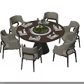 Modern Round Dining Table Set With Six Chairs And Tabletop Decorations 3d model