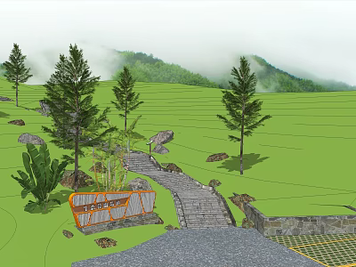 Road Facilities Featuring Stone Path Steps Green Grassland Trees And Mountain View 3d model