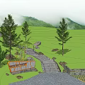 Road Facilities Featuring Stone Path Steps Green Grassland Trees And Mountain View