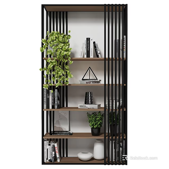 Modern Black Slat Frame Bookcase with Wooden Shelves Books Green Plants and Decorative Items 3d model 