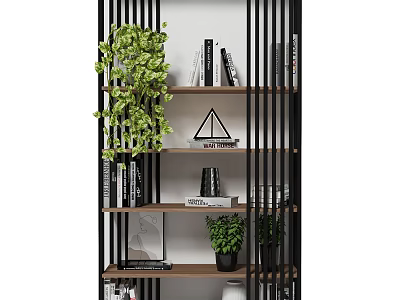 Modern Black Slat Frame Bookcase with Wooden Shelves Books Green Plants and Decorative Items 3d model
