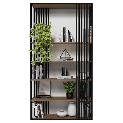 Modern Black Slat Frame Bookcase with Wooden Shelves Books Green Plants and Decorative Items 3d model