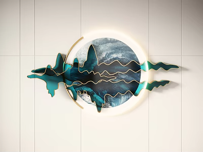 Circular Wall Decor Featuring Mountain Water Design Teal Blue Metallic Lines On White Tiled Wall 3d model