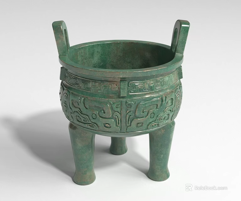 Green Bronze Landscape Sculpture With Three Legs And Intricate Traditional Patterns 3d model 