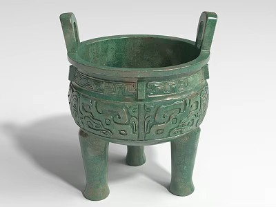 Green Bronze Landscape Sculpture With Three Legs And Intricate Traditional Patterns 3d model