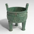 Green Bronze Landscape Sculpture With Three Legs And Intricate Traditional Patterns
