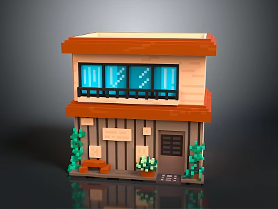 Two Story Brick Building Model with Brown Roof Beige Walls Green Plants Door and Windows 3d model