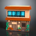 Two Story Brick Building Model with Brown Roof Beige Walls Green Plants Door and Windows