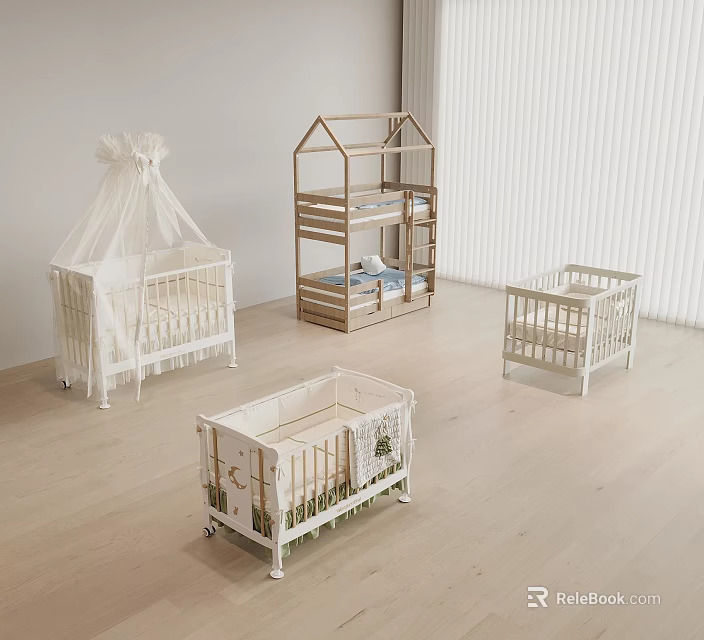 Various Designed Baby Cribs With Canopy House Shape And Plant Pattern In Bright Nursery 3d model 