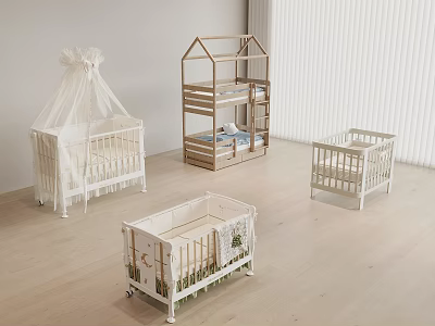 Various Designed Baby Cribs With Canopy House Shape And Plant Pattern In Bright Nursery 3d model