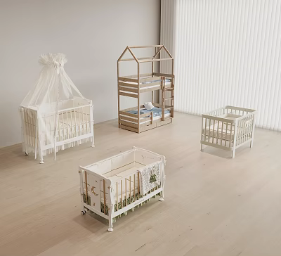 Various Designed Baby Cribs With Canopy House Shape And Plant Pattern In Bright Nursery 3d model