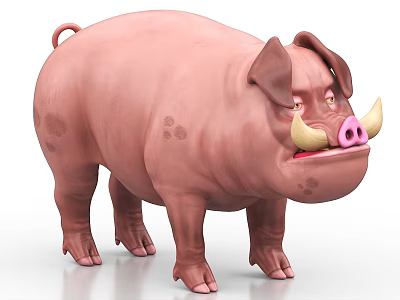 Cute Cartoon Pink Pig With Black Spots And Yellow Tusks 3d model