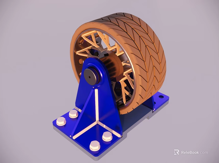 Blue Base Mechanical Device With Brown Tire Gear Structure And White Bolts 3d model 