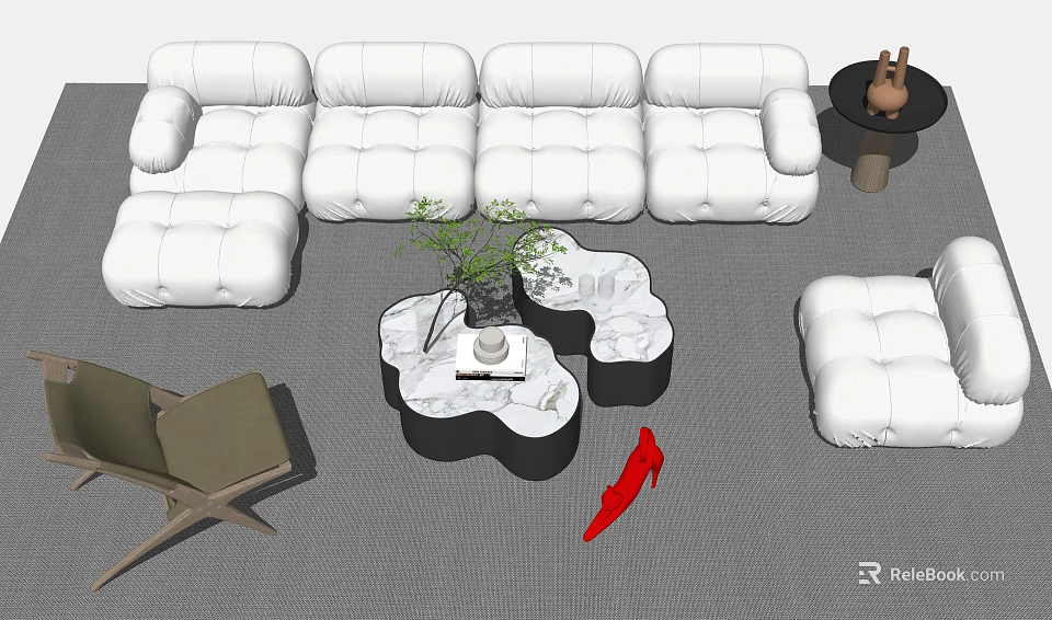 Modern White Sofa Set With Cloud Shaped Coffee Table Plants And Red Accent Decor 3d model 