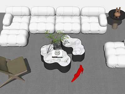 Modern White Sofa Set With Cloud Shaped Coffee Table Plants And Red Accent Decor 3d model
