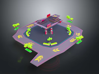 3D Model Gas Station Building With Red Signage Green Trees And Yellow Arrows 3d model