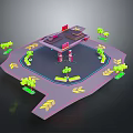 3D Model Gas Station Building With Red Signage Green Trees And Yellow Arrows