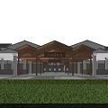 Traditional Style Supermarket Department Store Exterior With Wooden Entrance And Lawn Area